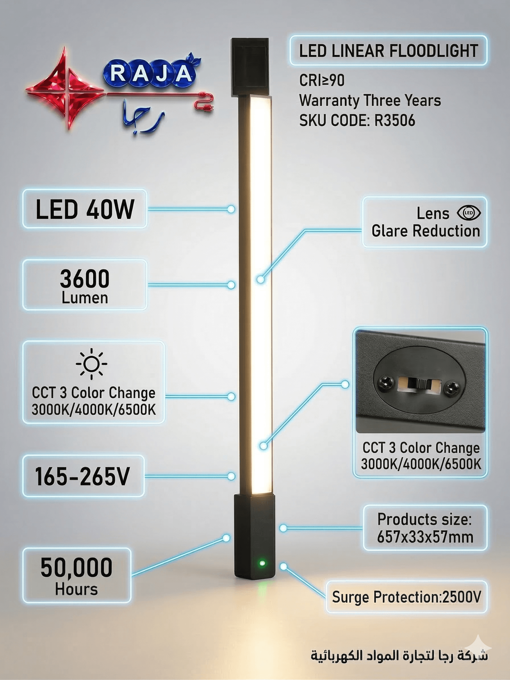 RAJA 40W Linear AC-220V TRACK Light – 3600lm Precision Optics - (R3506) - Image 5