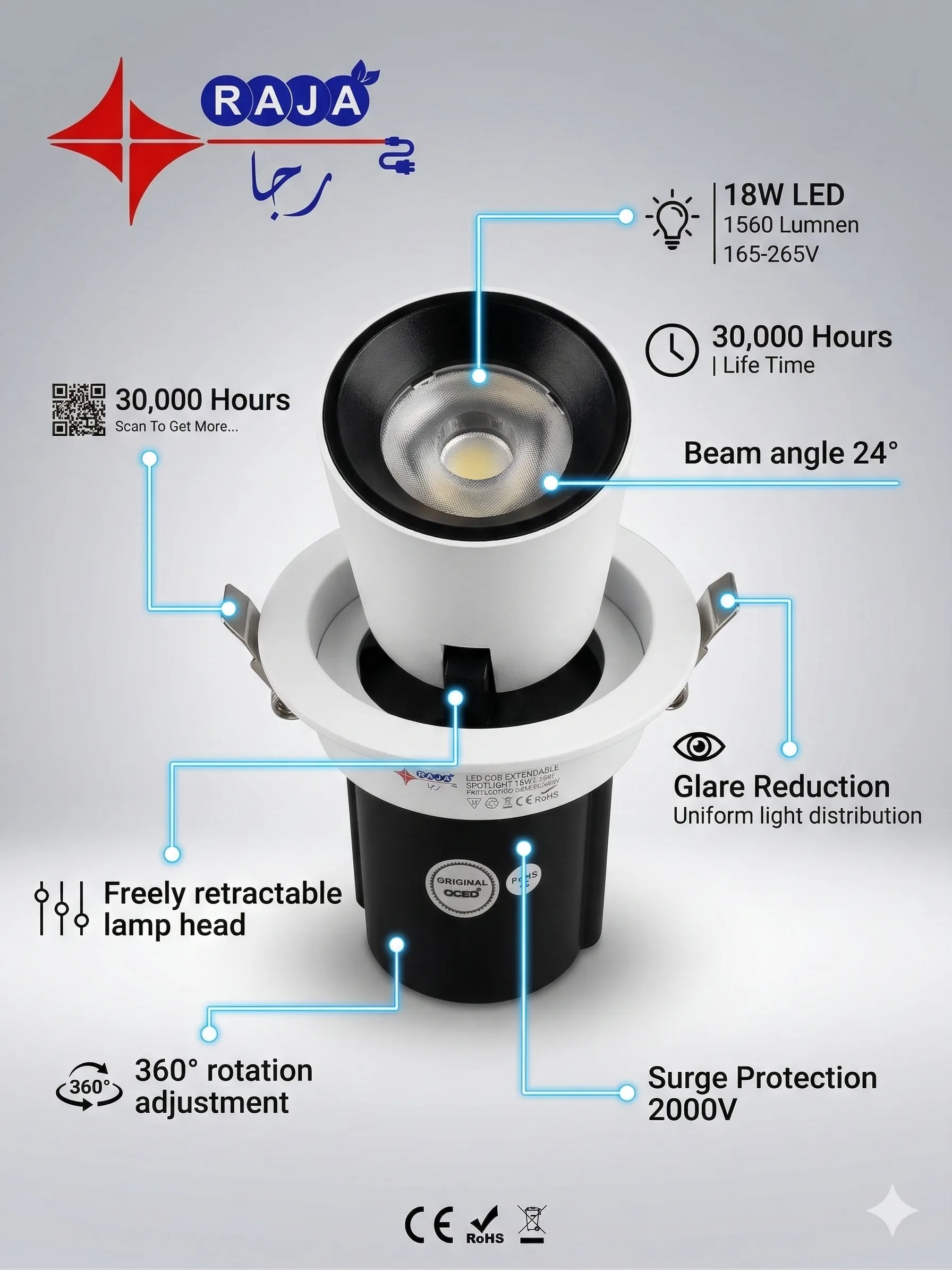 Raja Pro-Series Extendable LED COB Spotlight – 360° Rotation & Glare Reduction - (R915/R916) - Image 2