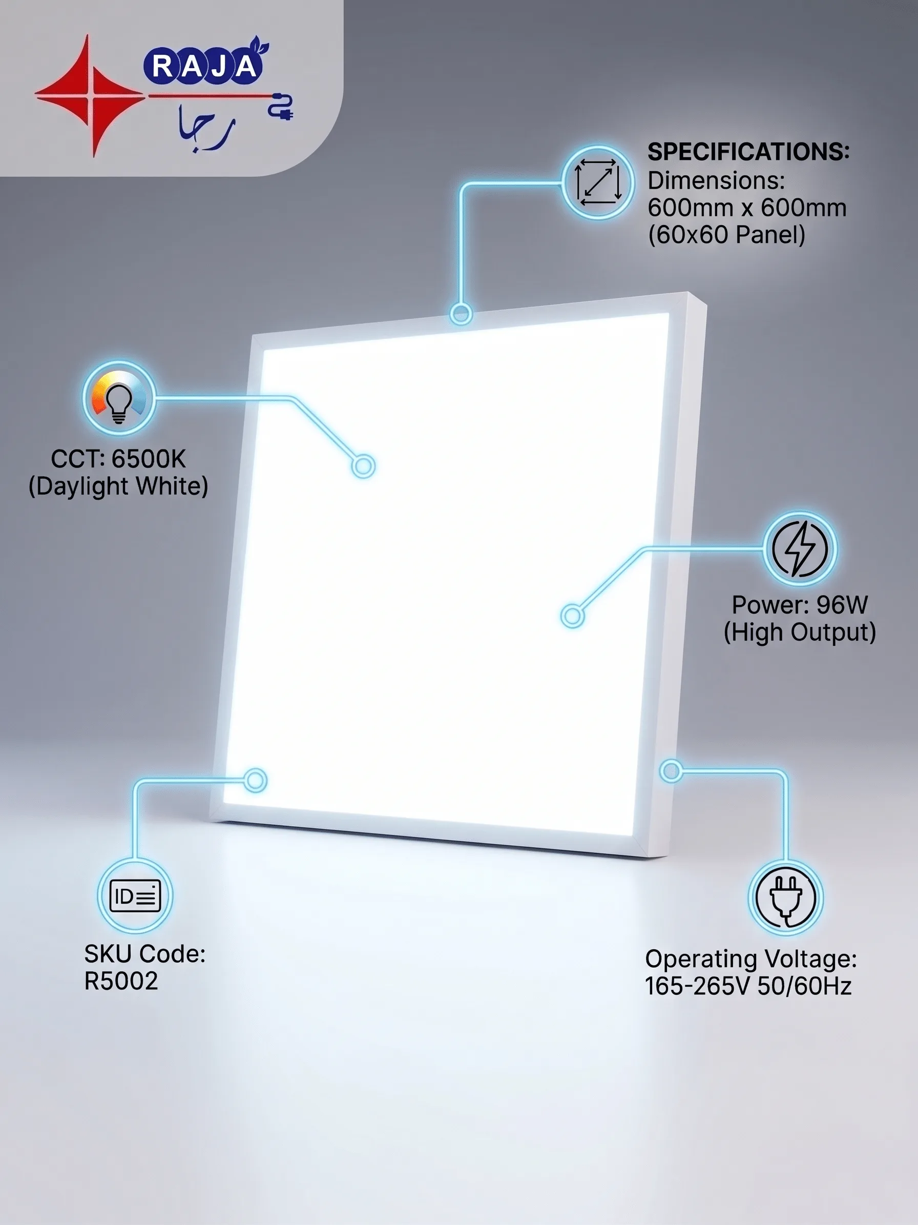 ⁦RAJA LED Panel Light 96W 6500K White 60x60-(R5002)⁩ - الصورة ⁦3⁩